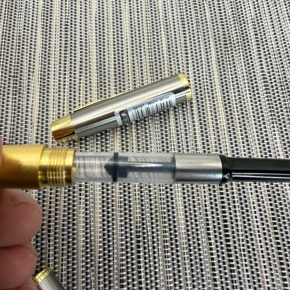 Luoshi 3070 Fountain Pen Brushed Stainless Steel Gold Trim 22KGP Medium Nib